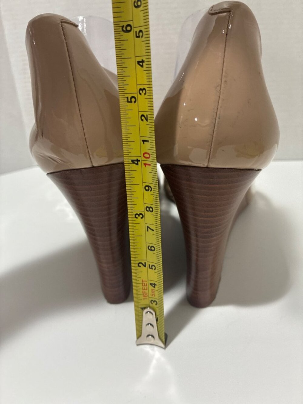 Tory Burch Shoes leather peep-toe wedges nude beige color gold logo plate size 1 - Picture 3 of 7